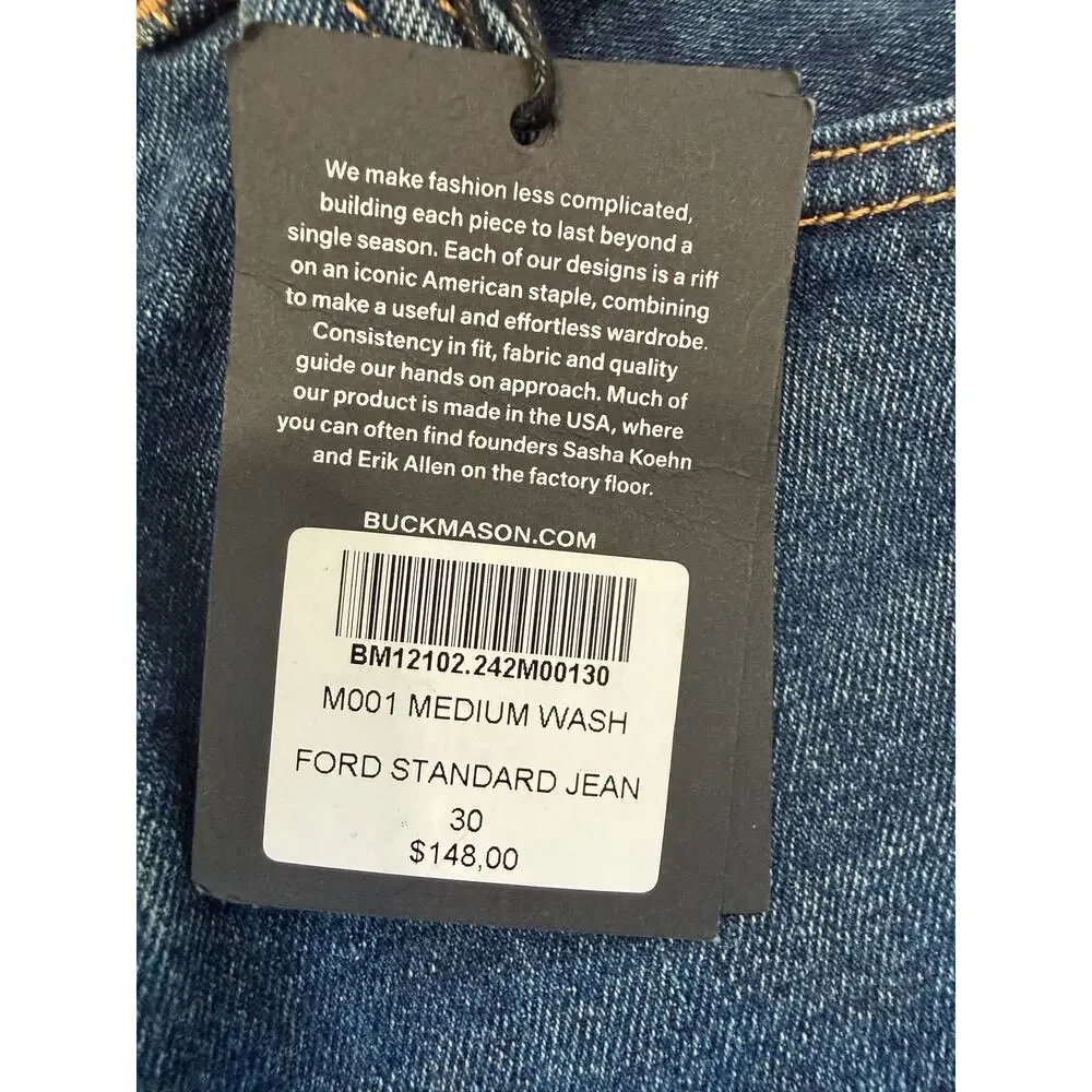 Buck Mason Classic Button Fly Ford Standard Medium Wash Japanese Denim NWT 30x30